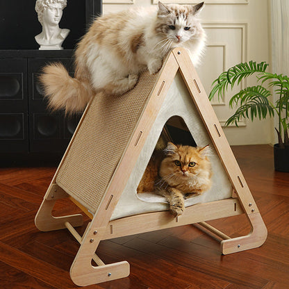 Contemporary Nordic Triangular Arc-Shaped Hemp Rope Medium Density Fiberboard Cotton-Linen Velvet Cat Bed For Bedroom
