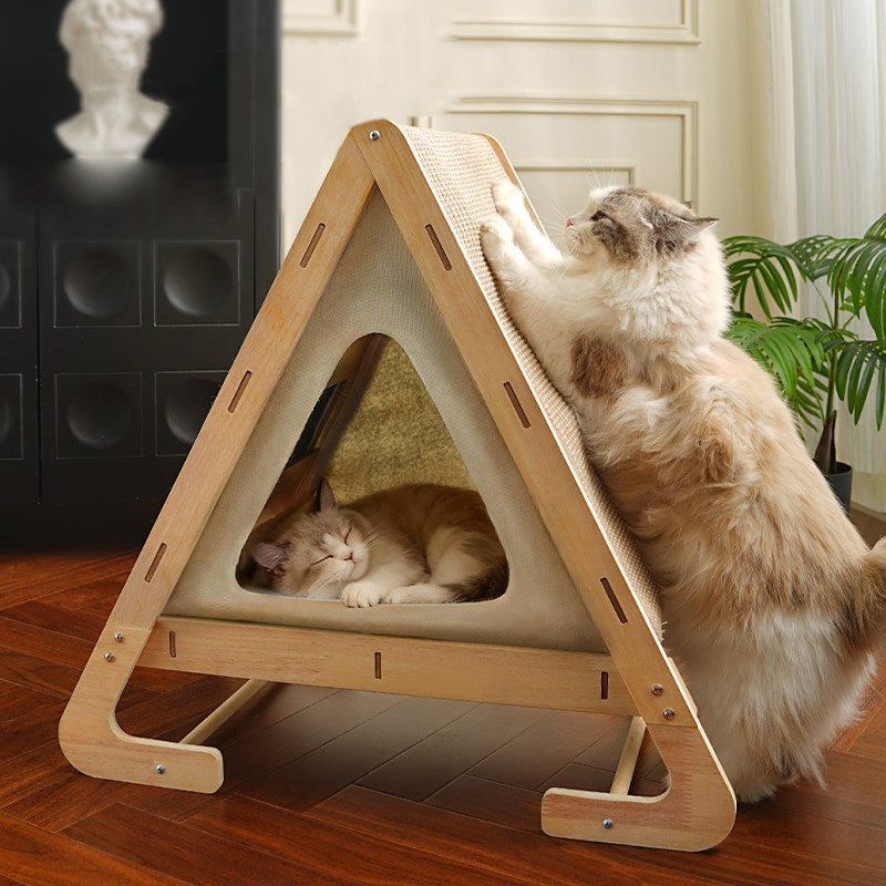 Contemporary Nordic Triangular Arc-Shaped Hemp Rope Medium Density Fiberboard Cotton-Linen Velvet Cat Bed For Bedroom