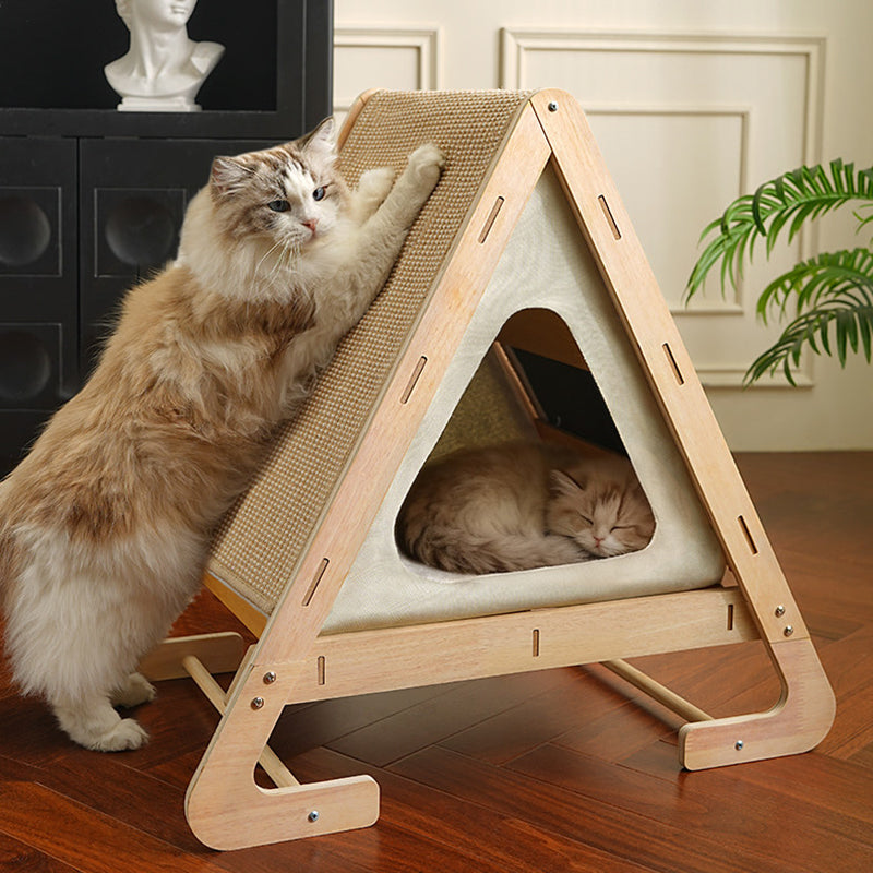Contemporary Nordic Triangular Arc-Shaped Hemp Rope Medium Density Fiberboard Cotton-Linen Velvet Cat Bed For Bedroom