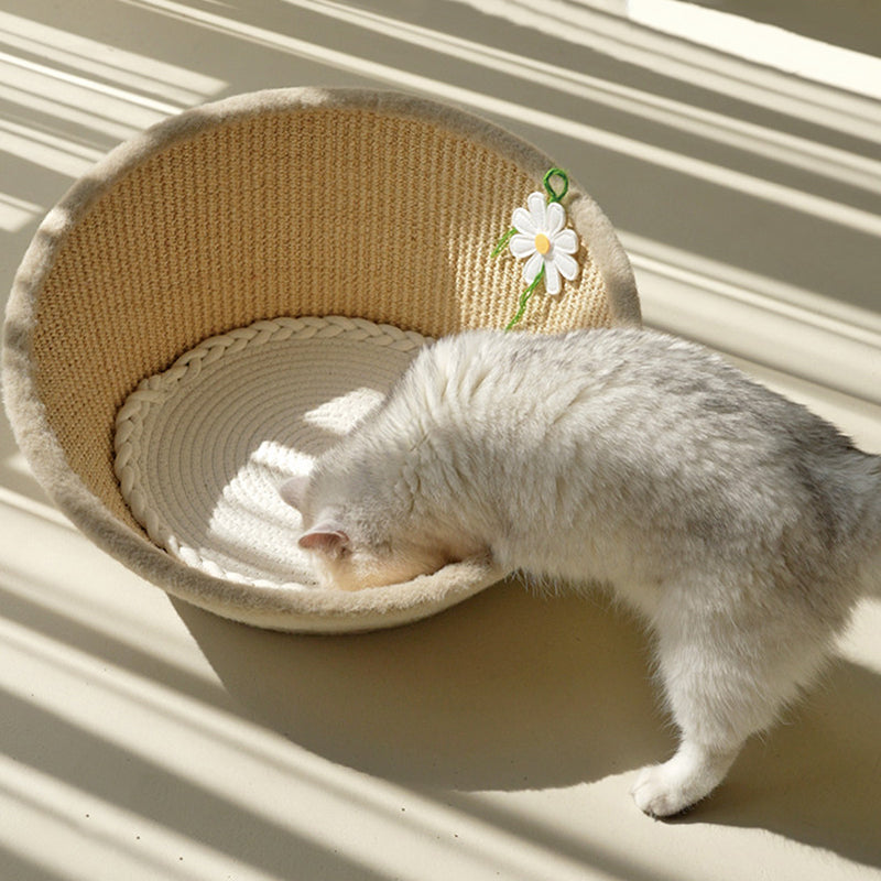 Contemporary Nordic Round Curved Medium Density Fiberboard Multi-layer Plywood Sisal Cotton Rope Velvet Cat Bed For Bedroom