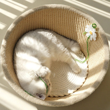 Contemporary Nordic Round Curved Medium Density Fiberboard Multi-layer Plywood Sisal Cotton Rope Velvet Cat Bed For Bedroom