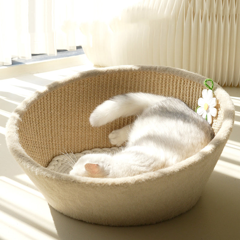 Contemporary Nordic Round Curved Medium Density Fiberboard Multi-layer Plywood Sisal Cotton Rope Velvet Cat Bed For Bedroom