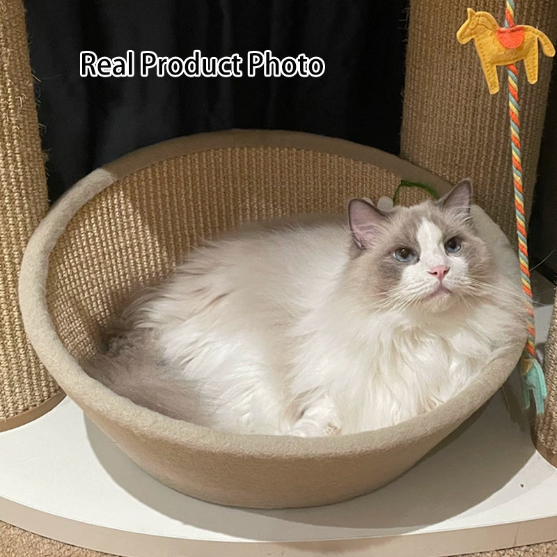 Contemporary Nordic Round Curved Medium Density Fiberboard Multi-layer Plywood Sisal Cotton Rope Velvet Cat Bed For Bedroom