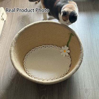 Contemporary Nordic Round Curved Medium Density Fiberboard Multi-layer Plywood Sisal Cotton Rope Velvet Cat Bed For Bedroom