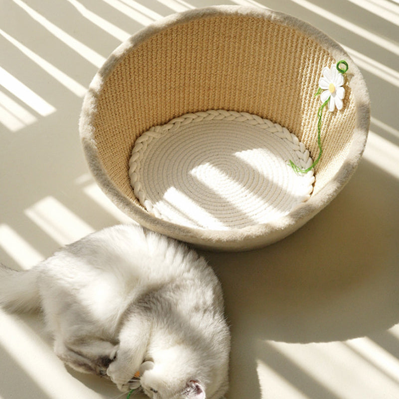 Contemporary Nordic Round Curved Medium Density Fiberboard Multi-layer Plywood Sisal Cotton Rope Velvet Cat Bed For Bedroom