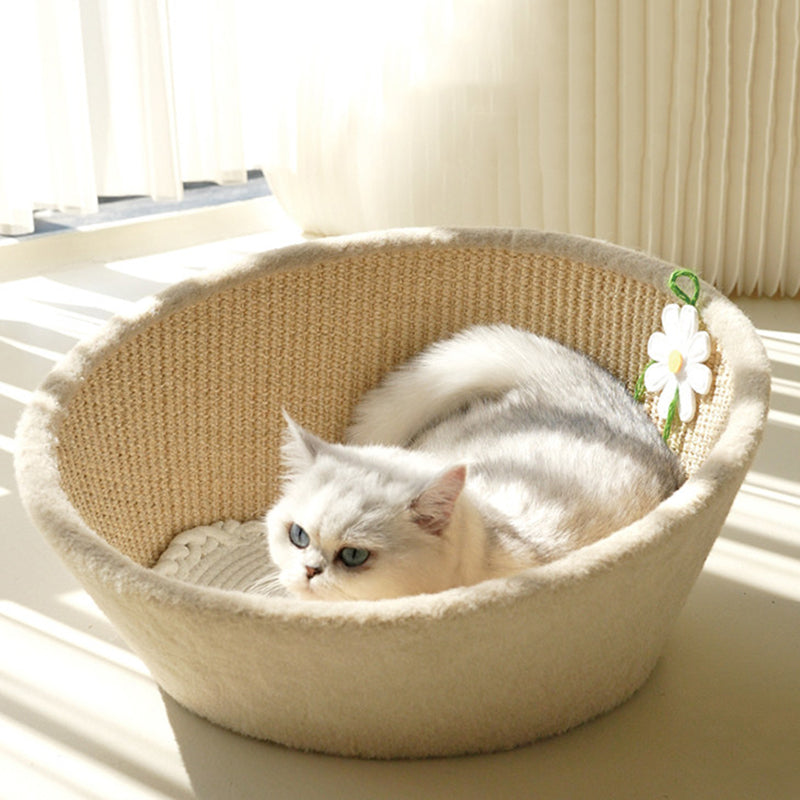 Contemporary Nordic Round Curved Medium Density Fiberboard Multi-layer Plywood Sisal Cotton Rope Velvet Cat Bed For Bedroom