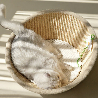 Contemporary Nordic Round Curved Medium Density Fiberboard Multi-layer Plywood Sisal Cotton Rope Velvet Cat Bed For Bedroom