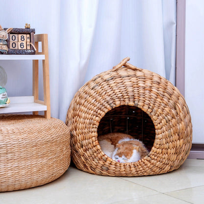 Contemporary Creative Round Natural Gourd Grass Iron Handle Woven Cat Bed For Bedroom