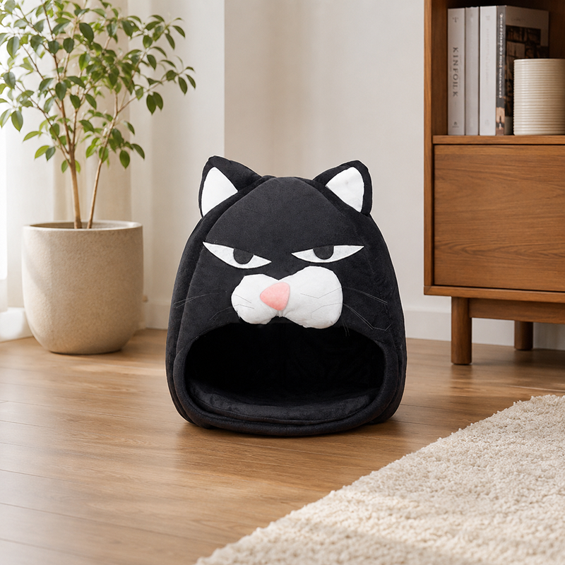 Contemporary Creative Round Cat Head-Shaped Velvet Fabric Cat Bed For Bedroom