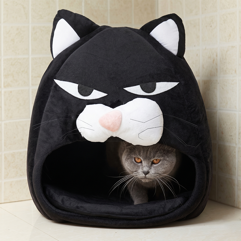 Contemporary Creative Round Cat Head-Shaped Velvet Fabric Cat Bed For Bedroom