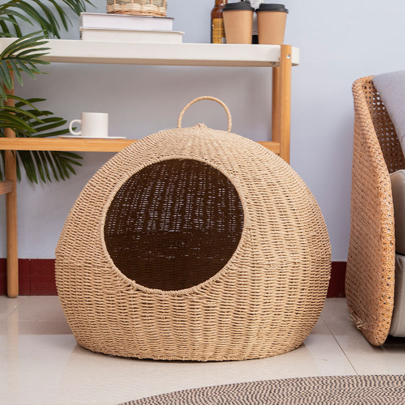 Modern Minimalist Round Spherical Paper Rope Iron Handle Cat Bed For Bedroom