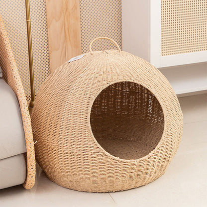 Modern Minimalist Round Spherical Paper Rope Iron Handle Cat Bed For Bedroom