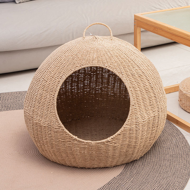 Modern Minimalist Round Spherical Paper Rope Iron Handle Cat Bed For Bedroom