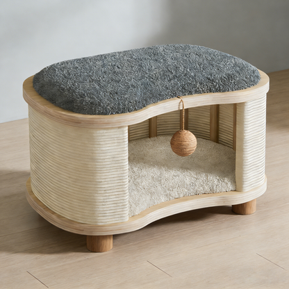 Modern Minimalist Pine Wood Linen Teddy Fleece Oval Removable Cat Bed 1-Toy Ball For Living Room & Bedroom