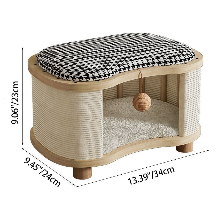 Modern Minimalist Pine Wood Linen Teddy Fleece Oval Removable Cat Bed 1-Toy Ball For Living Room & Bedroom