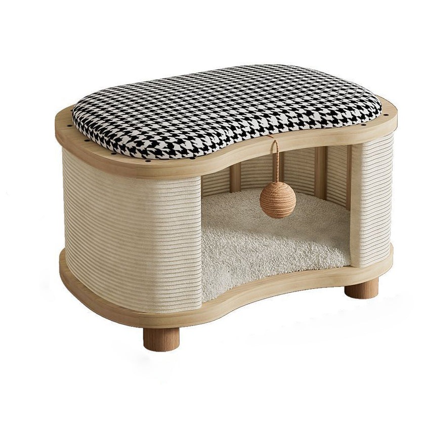 Modern Minimalist Pine Wood Linen Teddy Fleece Oval Removable Cat Bed 1-Toy Ball For Living Room & Bedroom