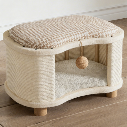 Modern Minimalist Pine Wood Linen Teddy Fleece Oval Removable Cat Bed 1-Toy Ball For Living Room & Bedroom