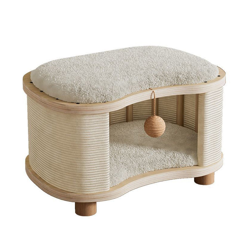 Modern Minimalist Pine Wood Linen Teddy Fleece Oval Removable Cat Bed 1-Toy Ball For Living Room & Bedroom
