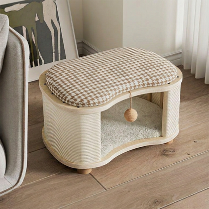 Modern Minimalist Pine Wood Linen Teddy Fleece Oval Removable Cat Bed 1-Toy Ball For Living Room & Bedroom