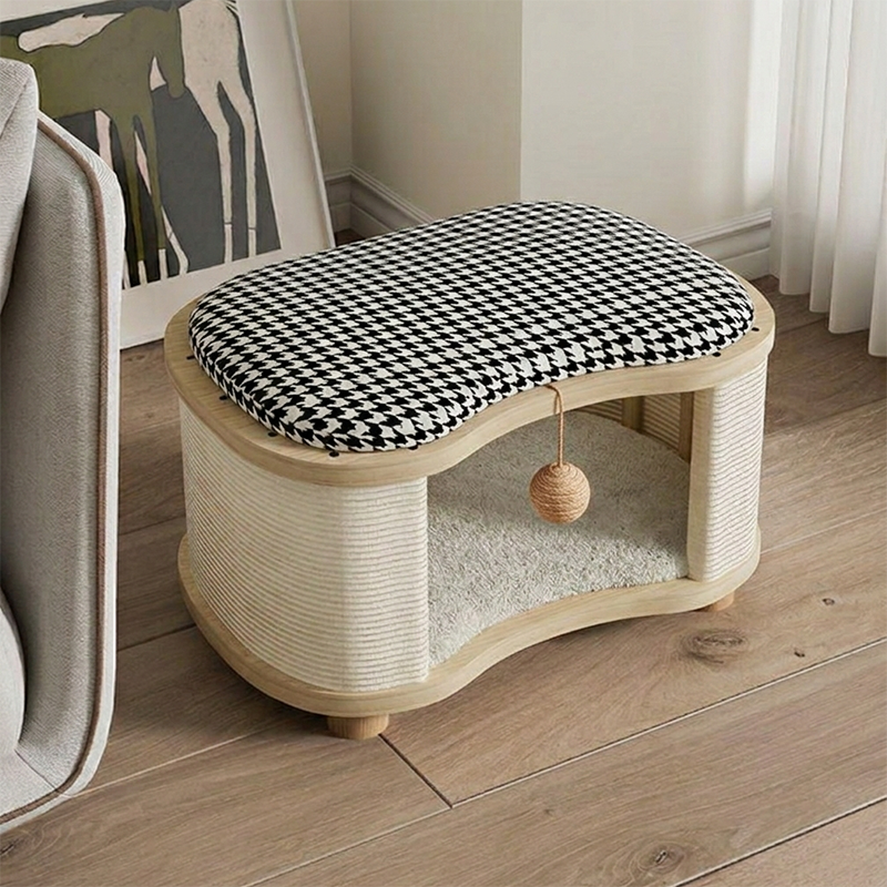 Modern Minimalist Pine Wood Linen Teddy Fleece Oval Removable Cat Bed 1-Toy Ball For Living Room & Bedroom