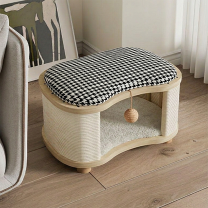 Modern Minimalist Pine Wood Linen Teddy Fleece Oval Removable Cat Bed 1-Toy Ball For Living Room & Bedroom
