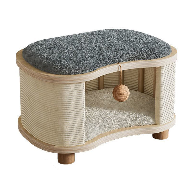 Modern Minimalist Pine Wood Linen Teddy Fleece Oval Removable Cat Bed 1-Toy Ball For Living Room & Bedroom