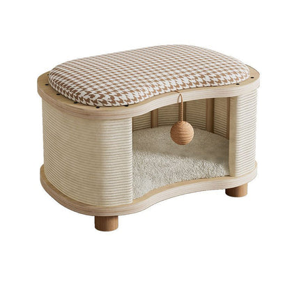 Modern Minimalist Pine Wood Linen Teddy Fleece Oval Removable Cat Bed 1-Toy Ball For Living Room & Bedroom