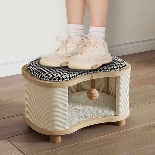 Modern Minimalist Pine Wood Linen Teddy Fleece Oval Removable Cat Bed 1-Toy Ball For Living Room & Bedroom