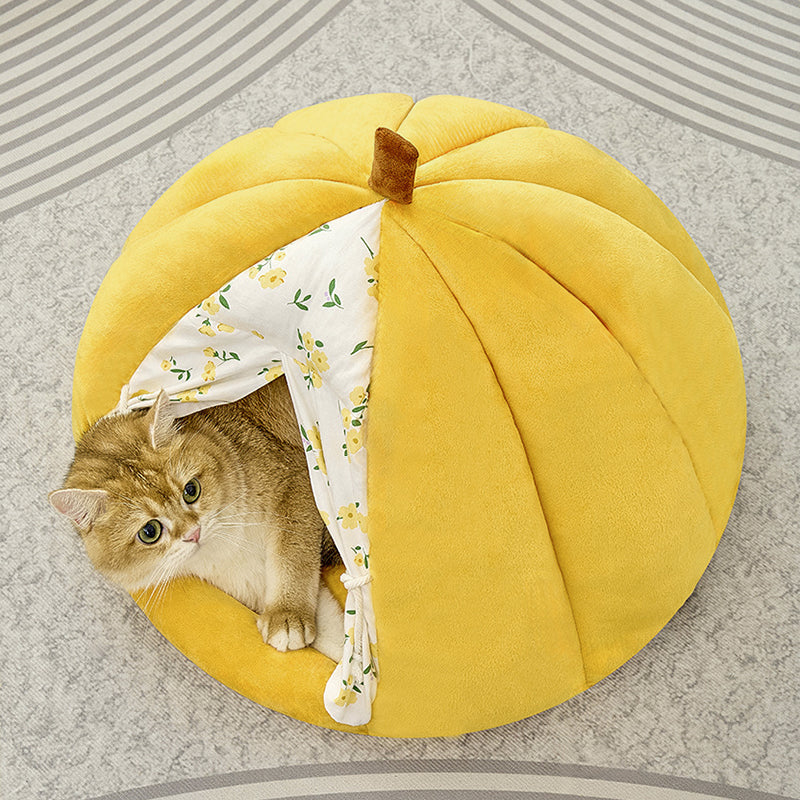 Contemporary Creative Velvet PP Cotton Pumpkin-Shaped Cat Bed For Living Room & Bedroom