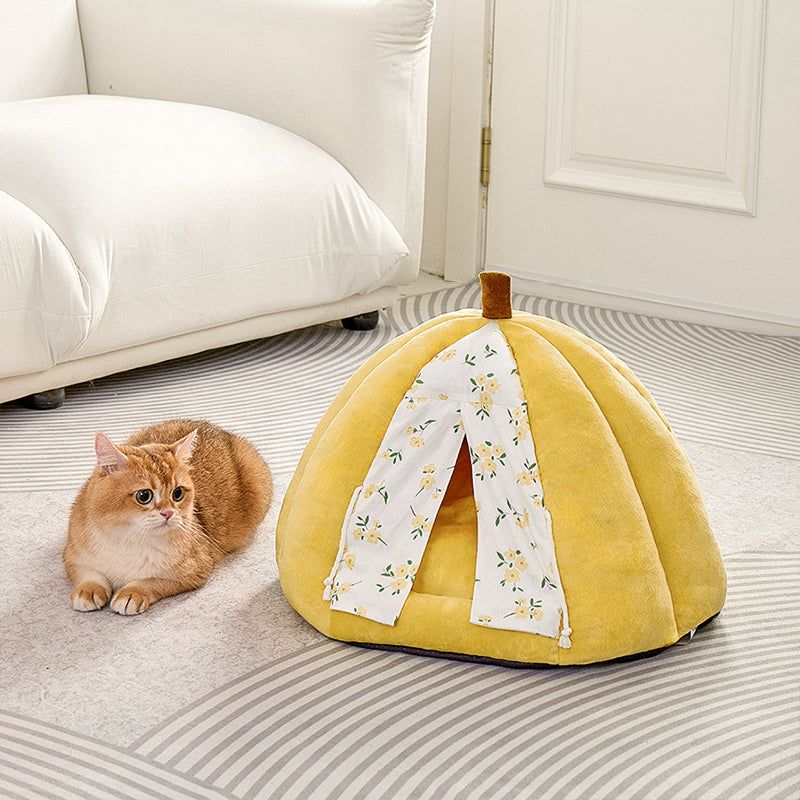 Contemporary Creative Velvet PP Cotton Pumpkin-Shaped Cat Bed For Living Room & Bedroom