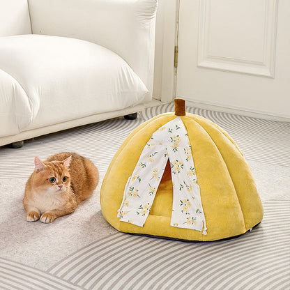 Contemporary Creative Velvet PP Cotton Pumpkin-Shaped Cat Bed For Living Room & Bedroom