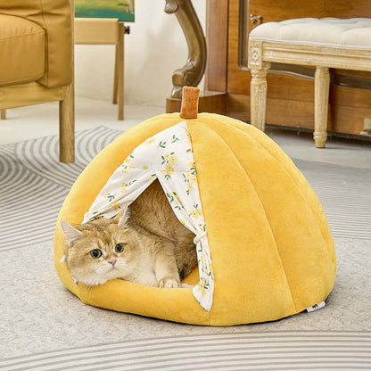 Contemporary Creative Velvet PP Cotton Pumpkin-Shaped Cat Bed For Living Room & Bedroom