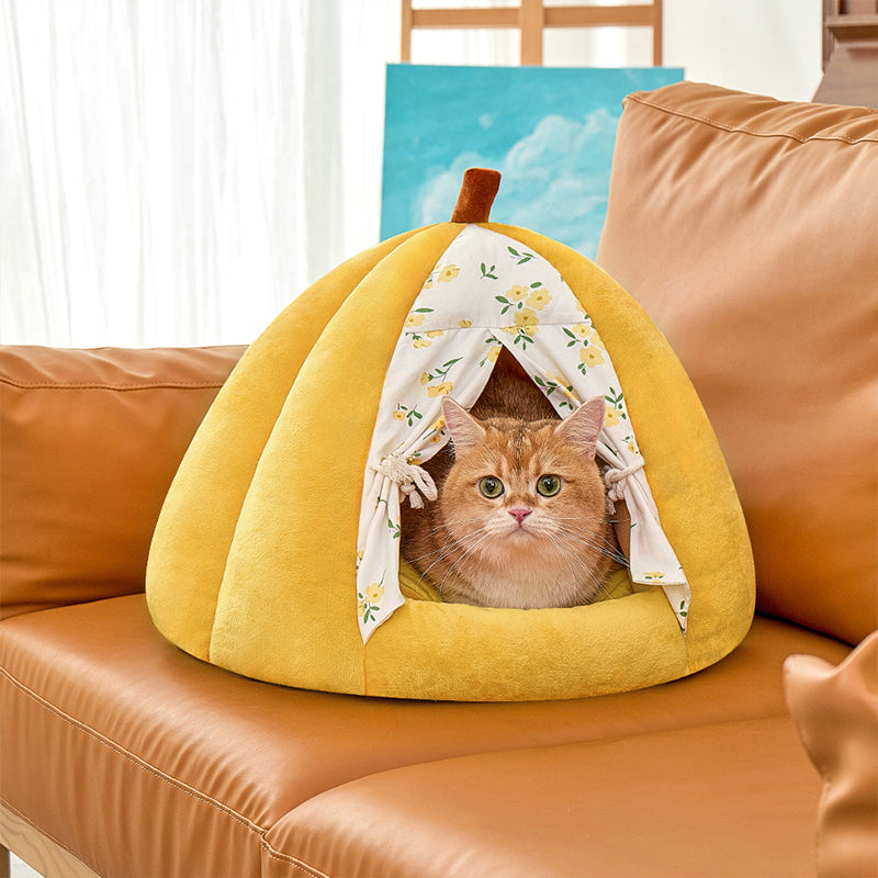 Contemporary Creative Velvet PP Cotton Pumpkin-Shaped Cat Bed For Living Room & Bedroom