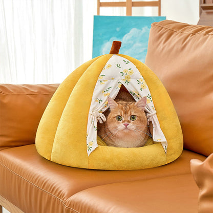 Contemporary Creative Velvet PP Cotton Pumpkin-Shaped Cat Bed For Living Room & Bedroom
