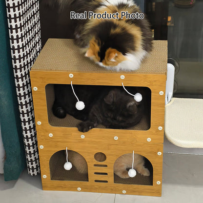 Modern Minimalist High-density Corrugated Paper MDF Rectangular Cat Bed 2-Tier 4-Toy Ball For Living Room & Bedroom