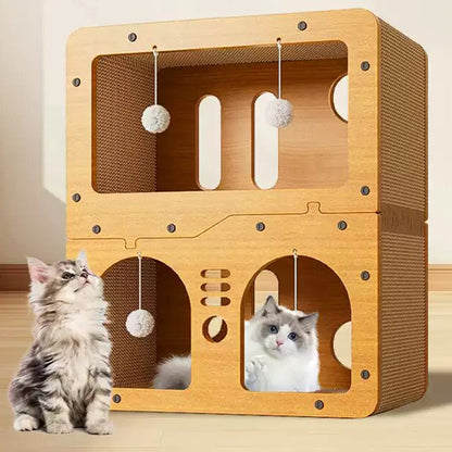 Modern Minimalist High-density Corrugated Paper MDF Rectangular Cat Bed 2-Tier 4-Toy Ball For Living Room & Bedroom
