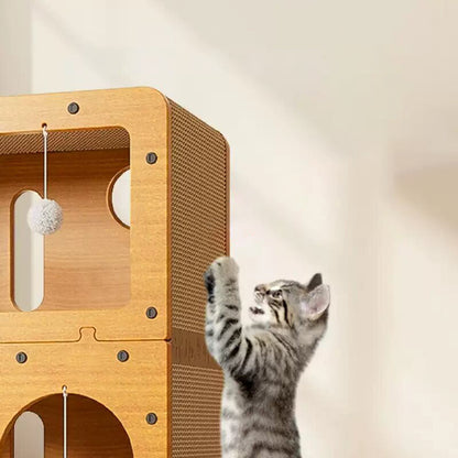 Modern Minimalist High-density Corrugated Paper MDF Rectangular Cat Bed 2-Tier 4-Toy Ball For Living Room & Bedroom