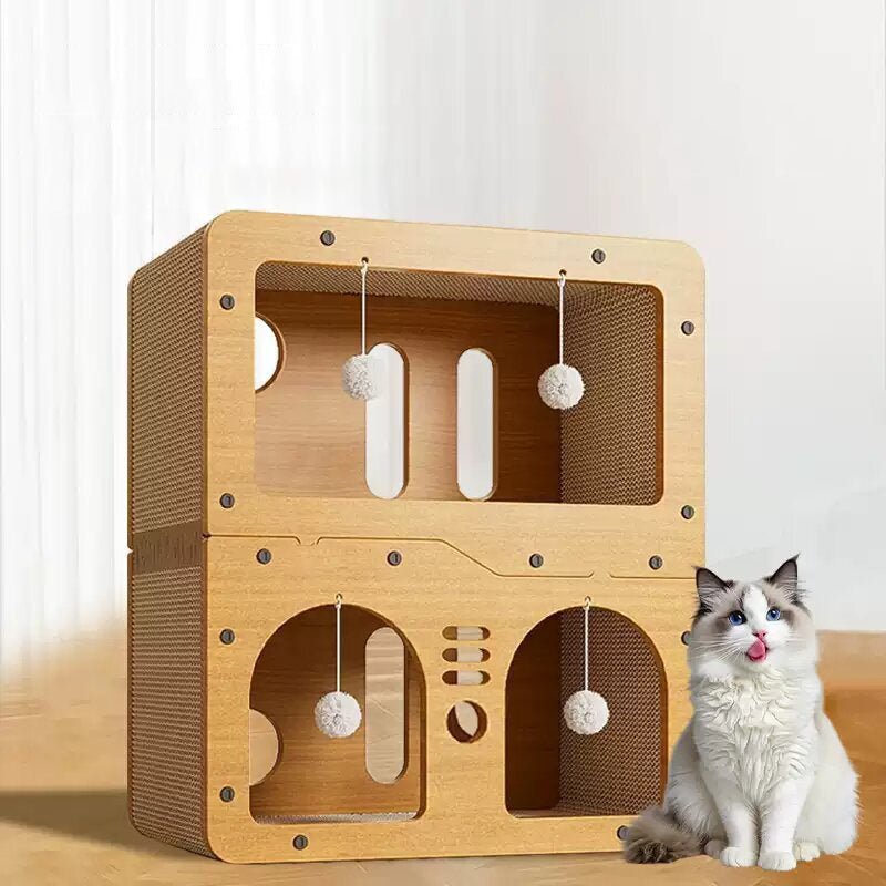 Modern Minimalist High-density Corrugated Paper MDF Rectangular Cat Bed 2-Tier 4-Toy Ball For Living Room & Bedroom