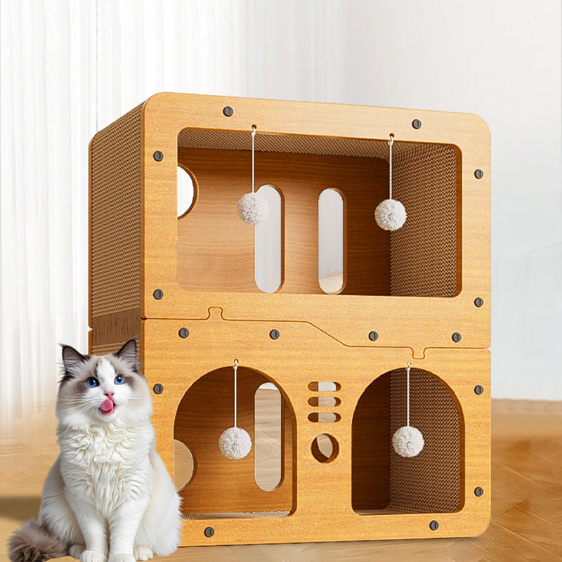 Modern Minimalist High-density Corrugated Paper MDF Rectangular Cat Bed 2-Tier 4-Toy Ball For Living Room & Bedroom