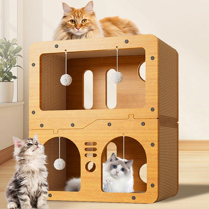 Modern Minimalist High-density Corrugated Paper MDF Rectangular Cat Bed 2-Tier 4-Toy Ball For Living Room & Bedroom
