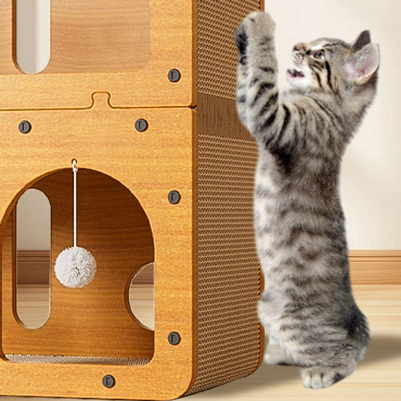 Modern Minimalist High-density Corrugated Paper MDF Rectangular Cat Bed 2-Tier 4-Toy Ball For Living Room & Bedroom