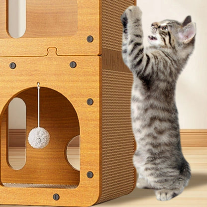 Modern Minimalist High-density Corrugated Paper MDF Rectangular Cat Bed 2-Tier 4-Toy Ball For Living Room & Bedroom