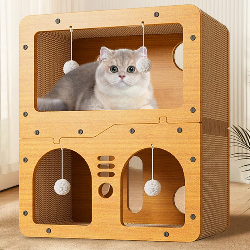 Modern Minimalist High-density Corrugated Paper MDF Rectangular Cat Bed 2-Tier 4-Toy Ball For Living Room & Bedroom