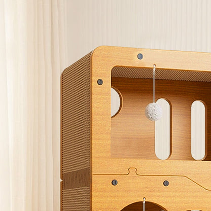 Modern Minimalist High-density Corrugated Paper MDF Rectangular Cat Bed 2-Tier 4-Toy Ball For Living Room & Bedroom