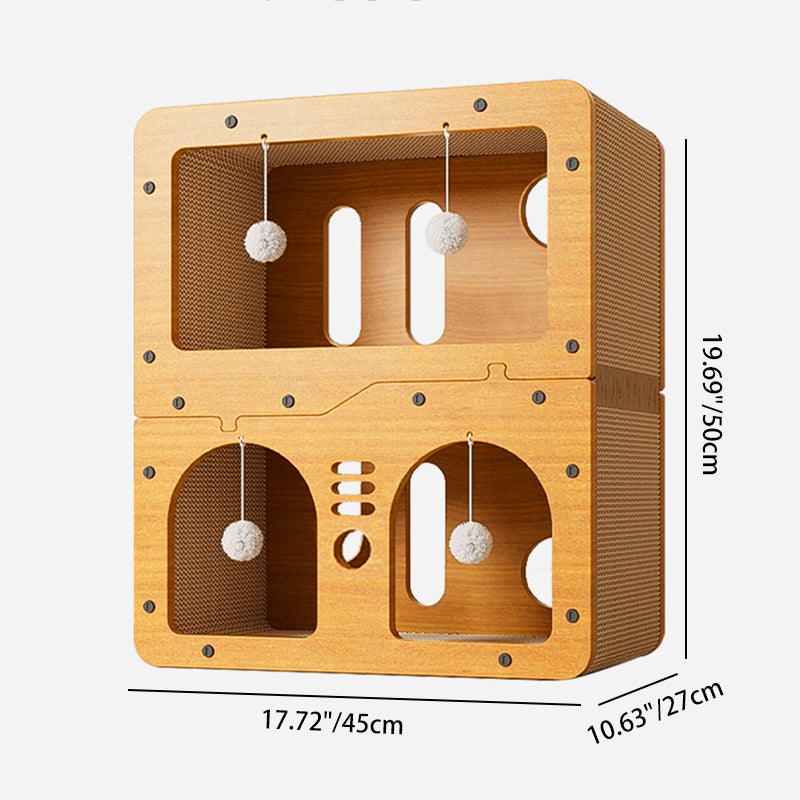 Modern Minimalist High-density Corrugated Paper MDF Rectangular Cat Bed 2-Tier 4-Toy Ball For Living Room & Bedroom