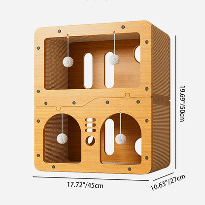 Modern Minimalist High-density Corrugated Paper MDF Rectangular Cat Bed 2-Tier 4-Toy Ball For Living Room & Bedroom