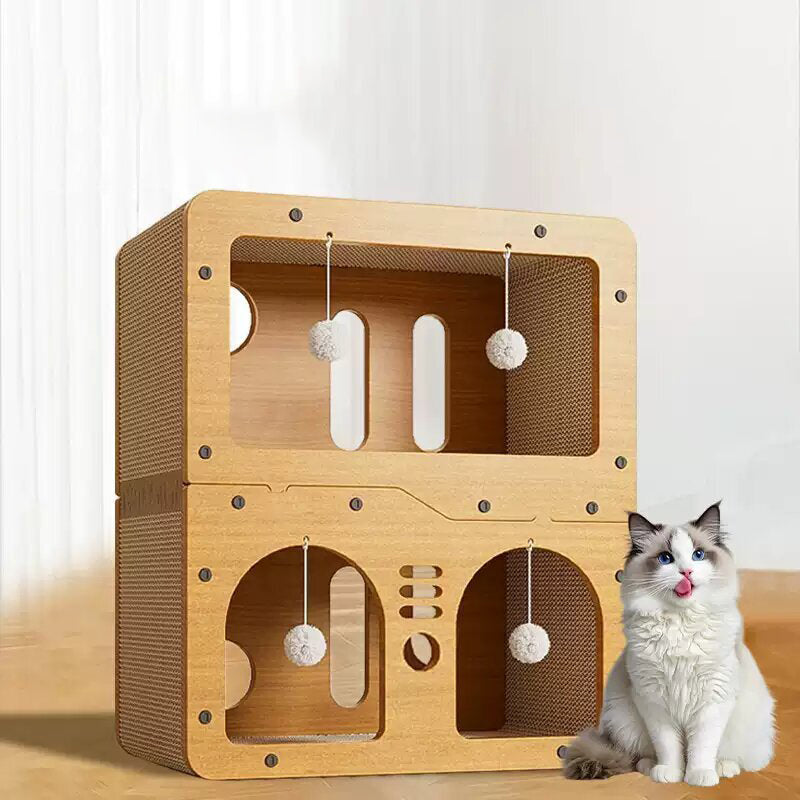 Modern Minimalist High-density Corrugated Paper MDF Rectangular Cat Bed 2-Tier 4-Toy Ball For Living Room & Bedroom
