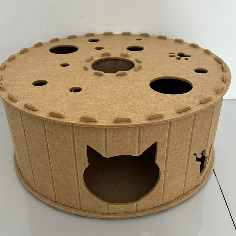 Contemporary Creative Felt Round Cat Bed With Tunnel Design For Living Room & Bedroom