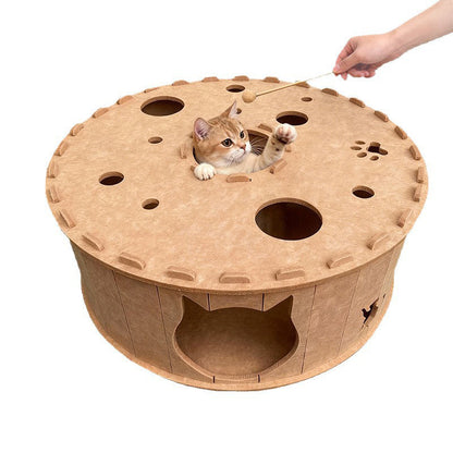 Contemporary Creative Felt Round Cat Bed With Tunnel Design For Living Room & Bedroom