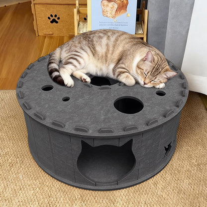 Contemporary Creative Felt Round Cat Bed With Tunnel Design For Living Room & Bedroom